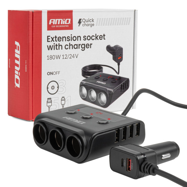 Kontaktligzdas sadalītājs 12/24V ar 4x USB-A QC3.0 PD3.0 180W AMIO-04835