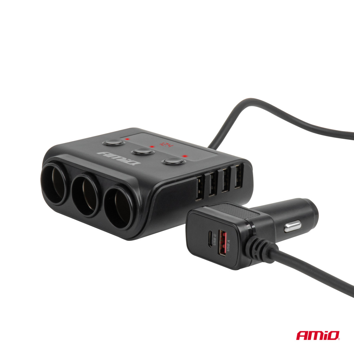 Kontaktligzdas sadalītājs 12/24V ar 4x USB-A QC3.0 PD3.0 180W AMIO-04835