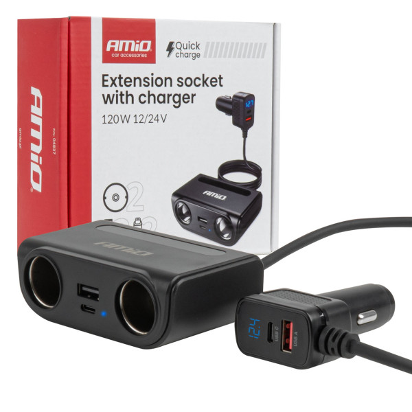 Kontaktligzdas sadalītājs 12/24V ar USB-C USB-A QC3.0 PD3.0 120W AMIO-04837