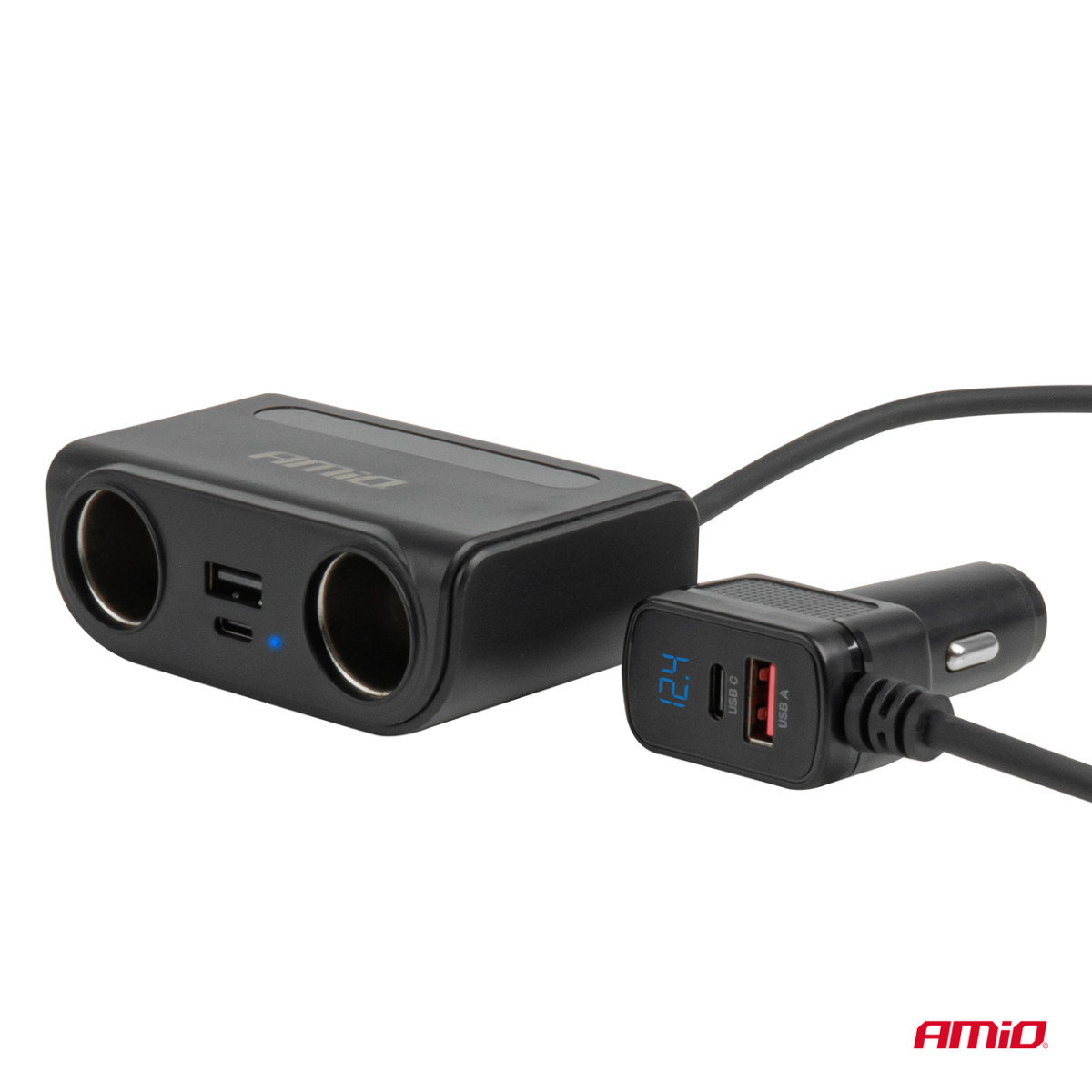 Kontaktligzdas sadalītājs 12/24V ar USB-C USB-A QC3.0 PD3.0 120W AMIO-04837