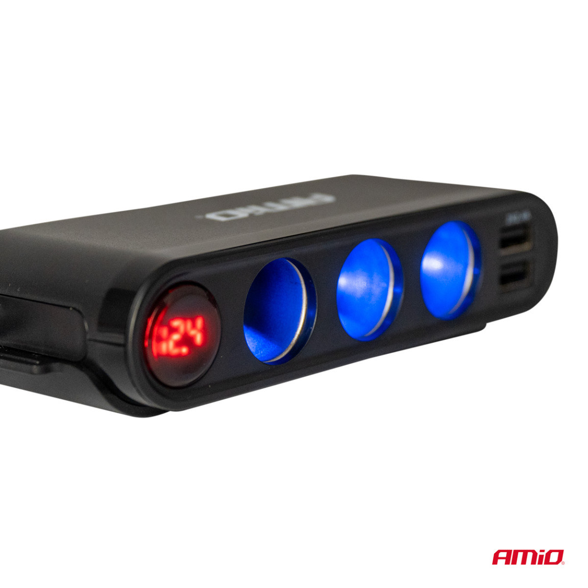 Pagarinātāja kontaktligzda ar voltmetru, USB un USB-C 12-24 V, AMIO-03782