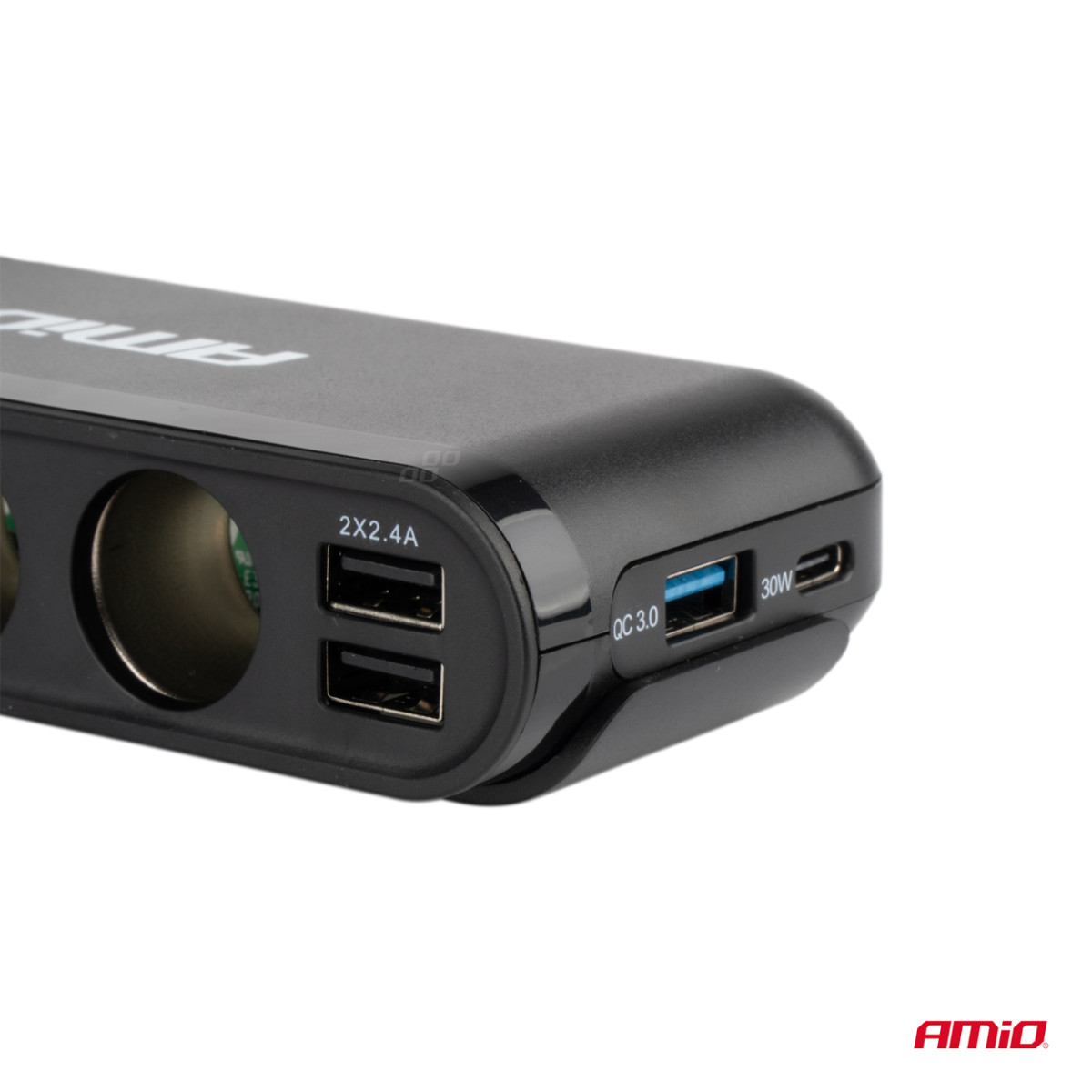 Pagarinātāja kontaktligzda ar voltmetru, USB un USB-C 12-24 V, AMIO-03782