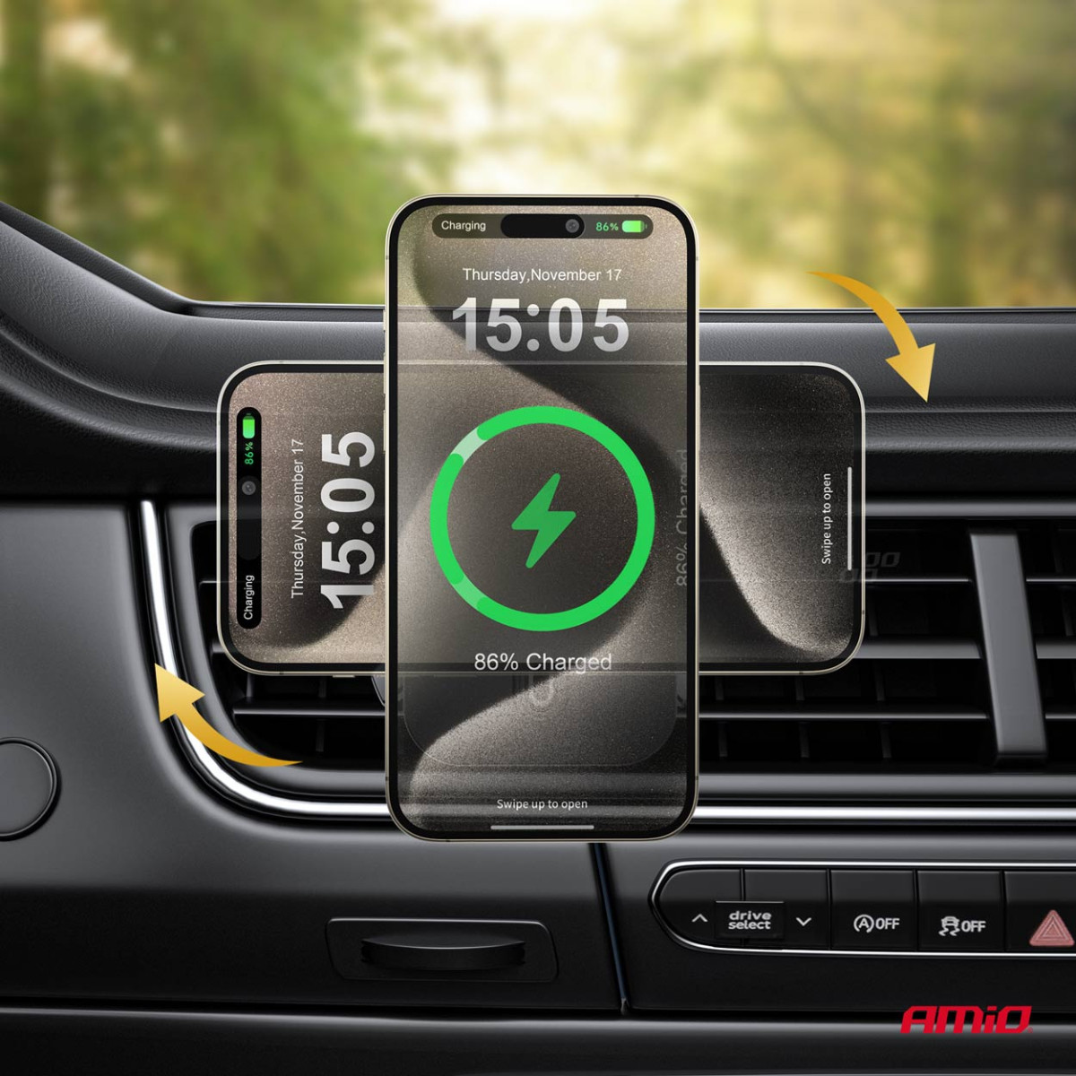 Ātrs magnētisks bezvadu automašīnas lādētājs Qi2 15W - logam/instrumentu panelim AMIO-04181