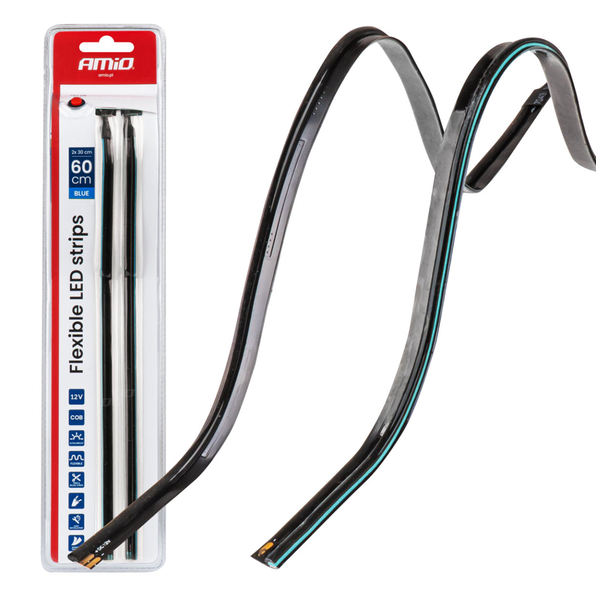 Elastīgas sānu COB LED lentes 2x30 cm 12V, zilas