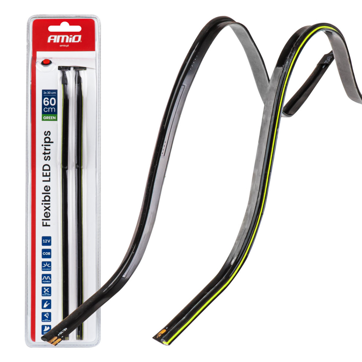 Elastīgas sānu COB LED lentes 2x30 cm 12V, zaļas