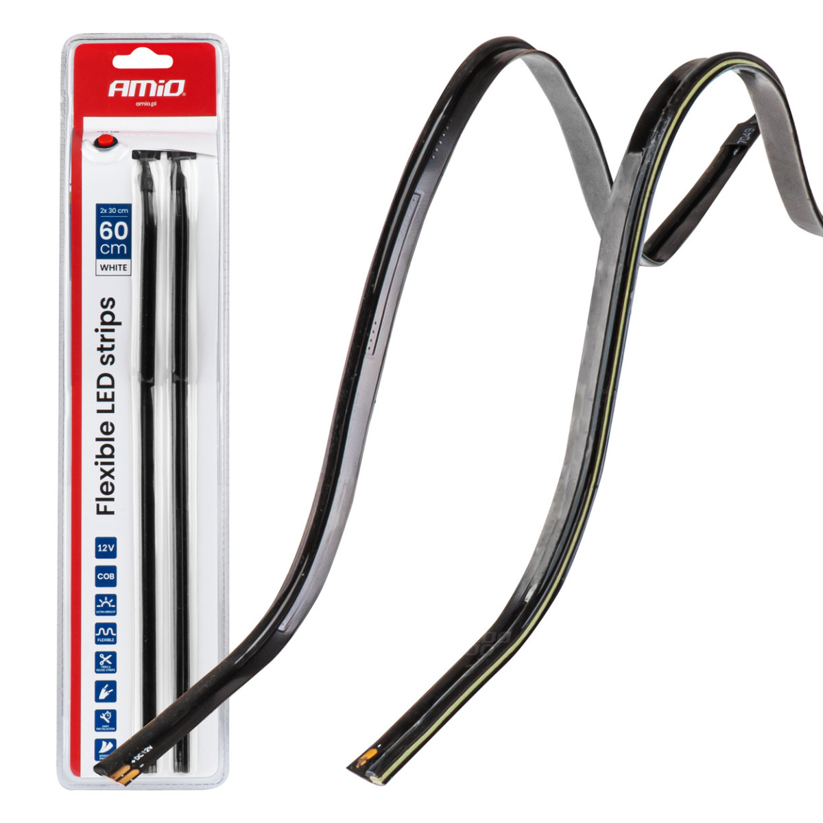 Elastīgas sānu COB LED lentes 2x30 cm 12V, baltas