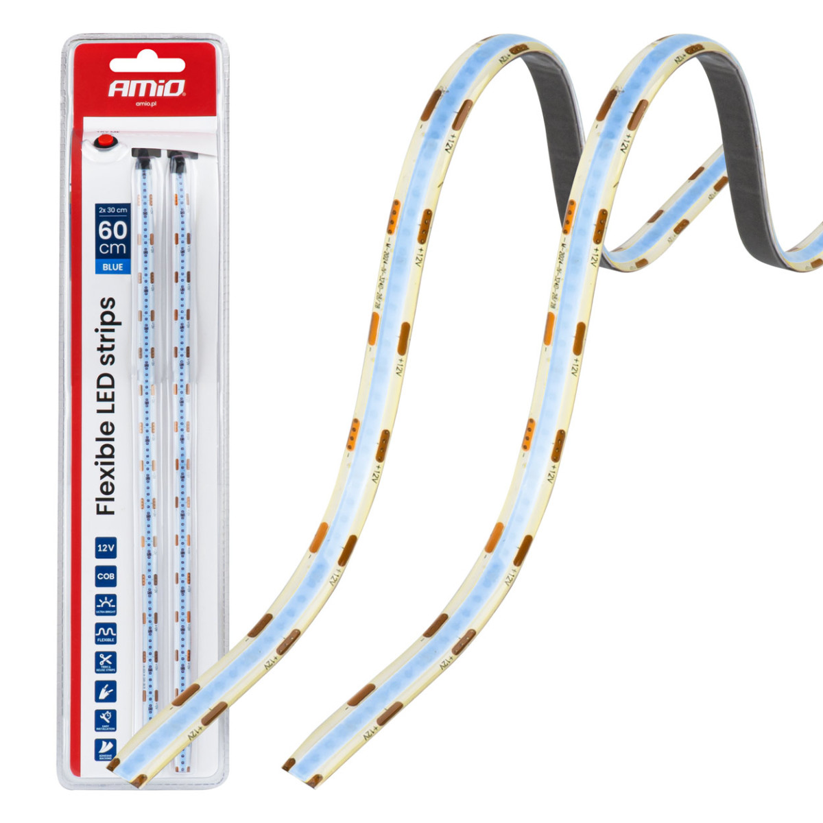 Elastīgas COB LED lentes 2x30 cm 12V, zilas