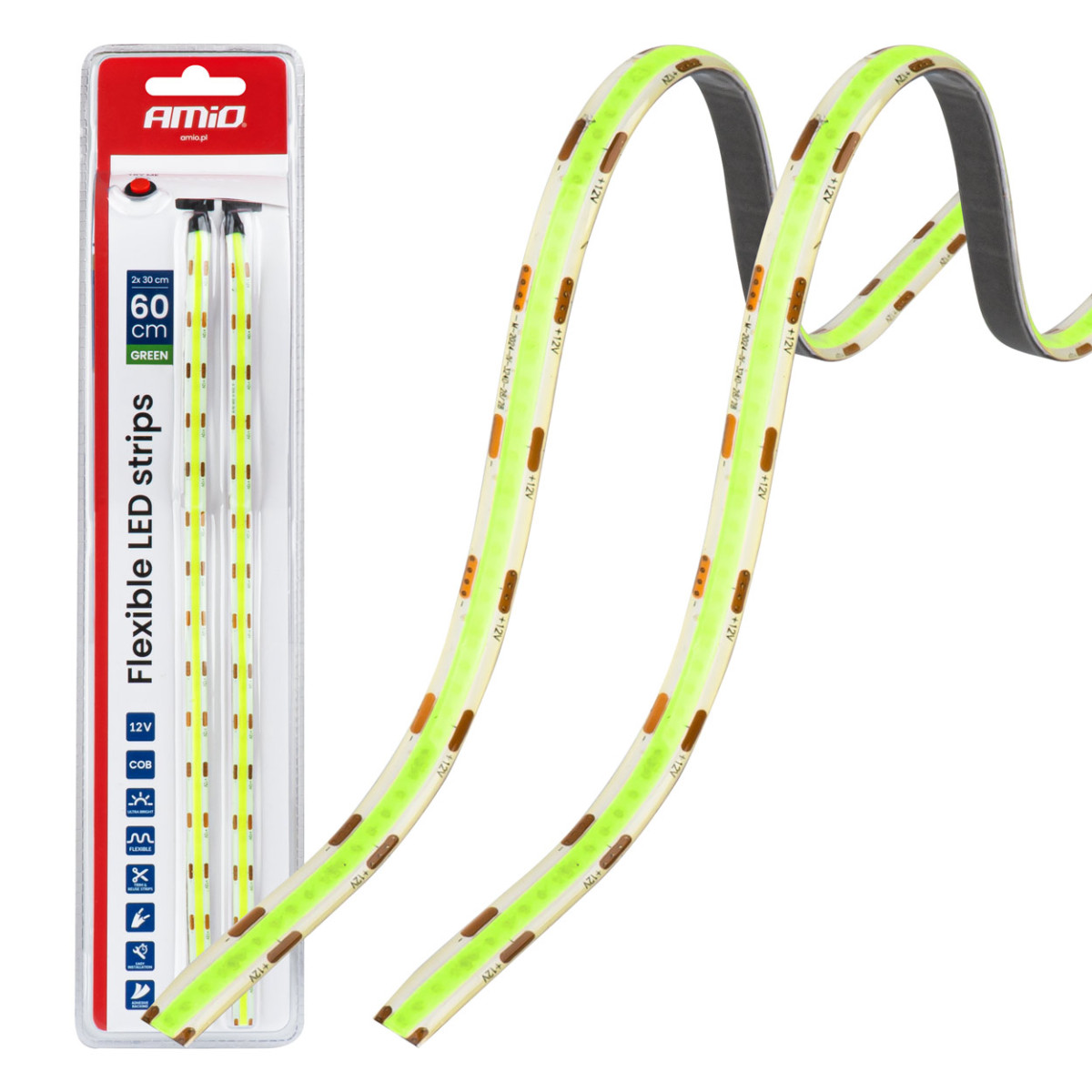 Elastīgas COB LED lentes 2x30 cm 12V, zaļas