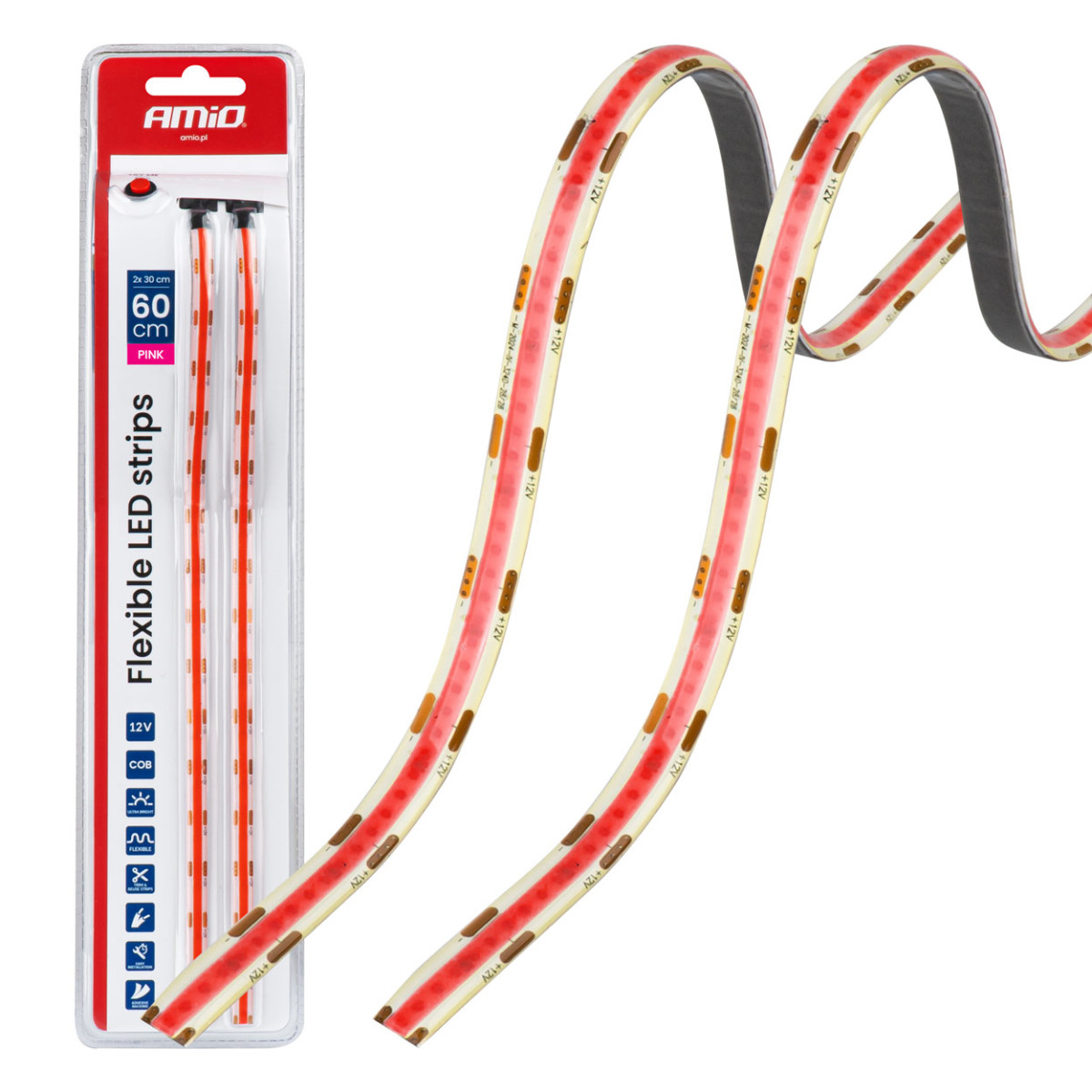Elastīgas COB LED lentes 2x30 cm 12V, rozā