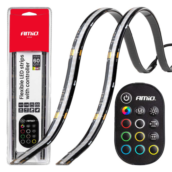 Elastīgas sānu LED COB lentes 2x30 cm 12V, RGB dažādas krāsas, ar tālvadības pulti