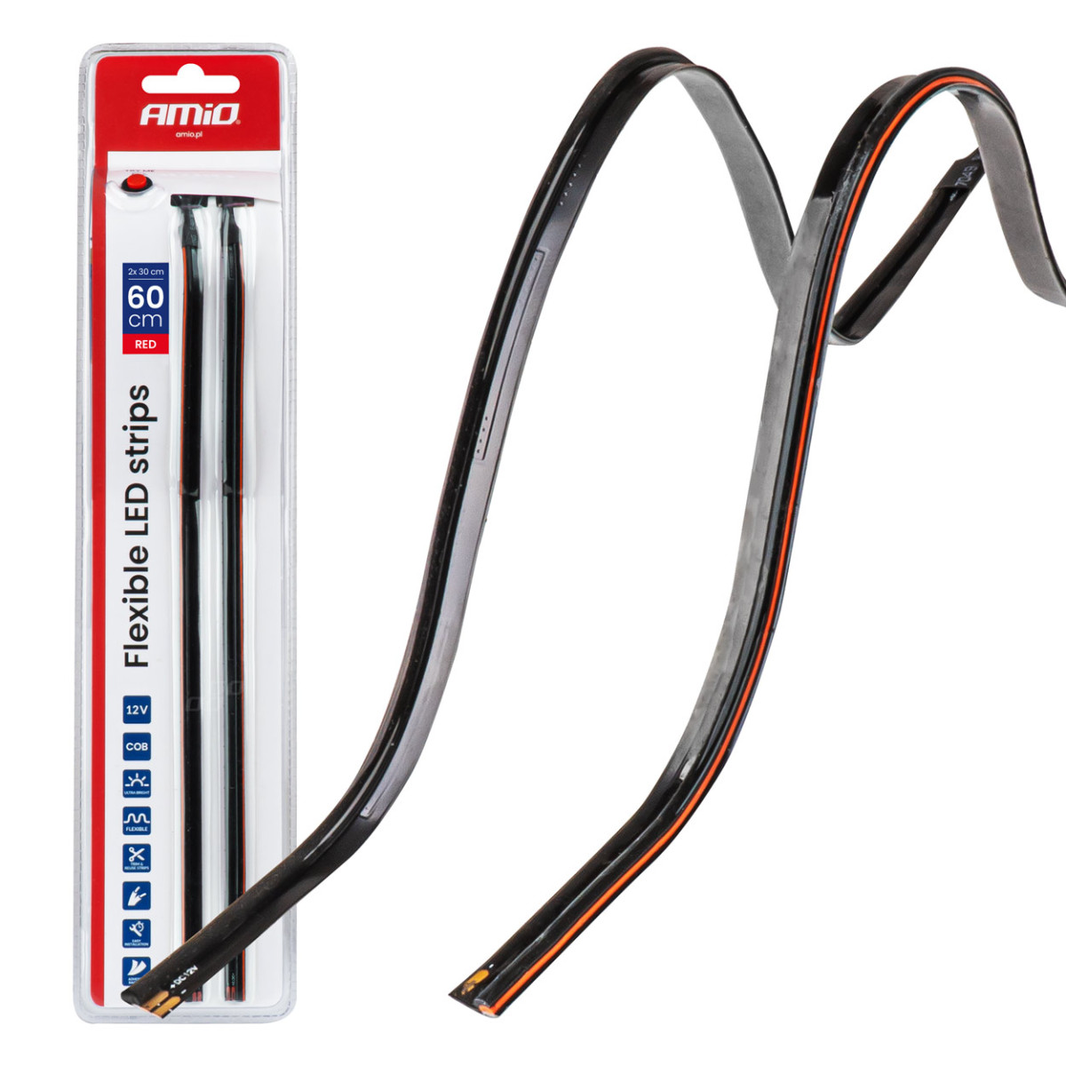 Elastīgas sānu COB LED lentes 2x30 cm 12V, sarkanas 