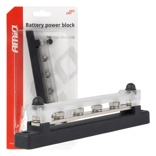 Negatīvā pola strāvas sadales bloks ar 4 M6 skrūvēm, kopne 12/24/48V 150A, AMIO-03808