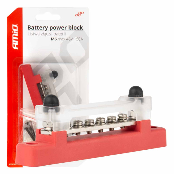 Pozitīvā pola strāvas sadales bloks ar 4 M6 skrūvēm, kopne 12/24/48V 150A, AMIO-03810