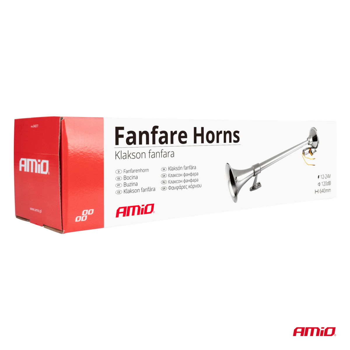 Signāltaure – hromēta, 640 mm, 150 dB, 12/24V, AMIO-04076