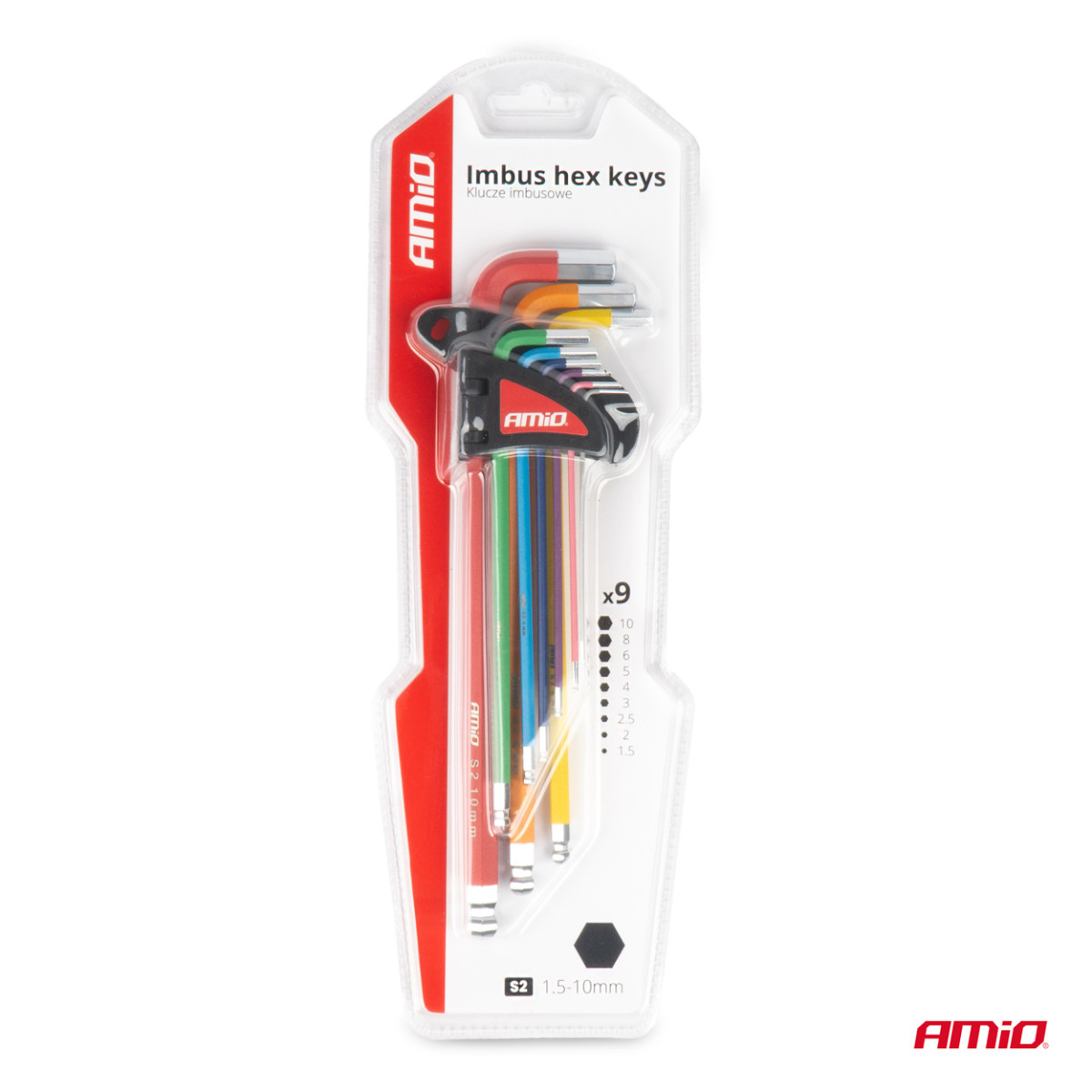HEX (sešstūra) atslēgas ar lodīti, īpaši garas, 9 gab., tērauds S2 AMIO-04299
