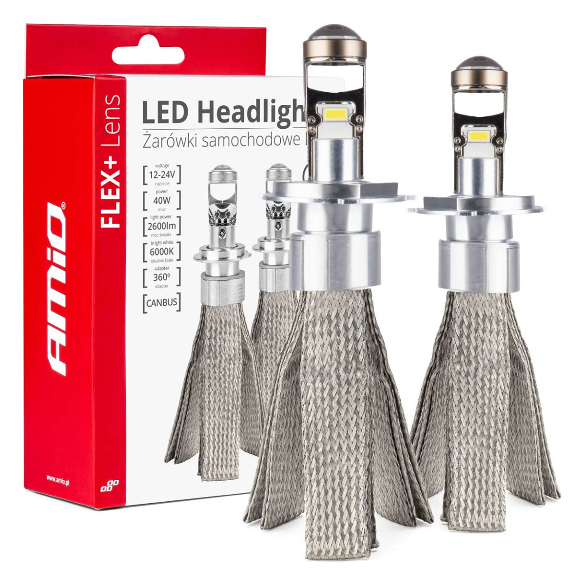 LED priekšējo lukturu spuldzes FLEX+ sērijas H4 lēca 12V 24V 6000K Canbus, 2 gab. AMIO-03658