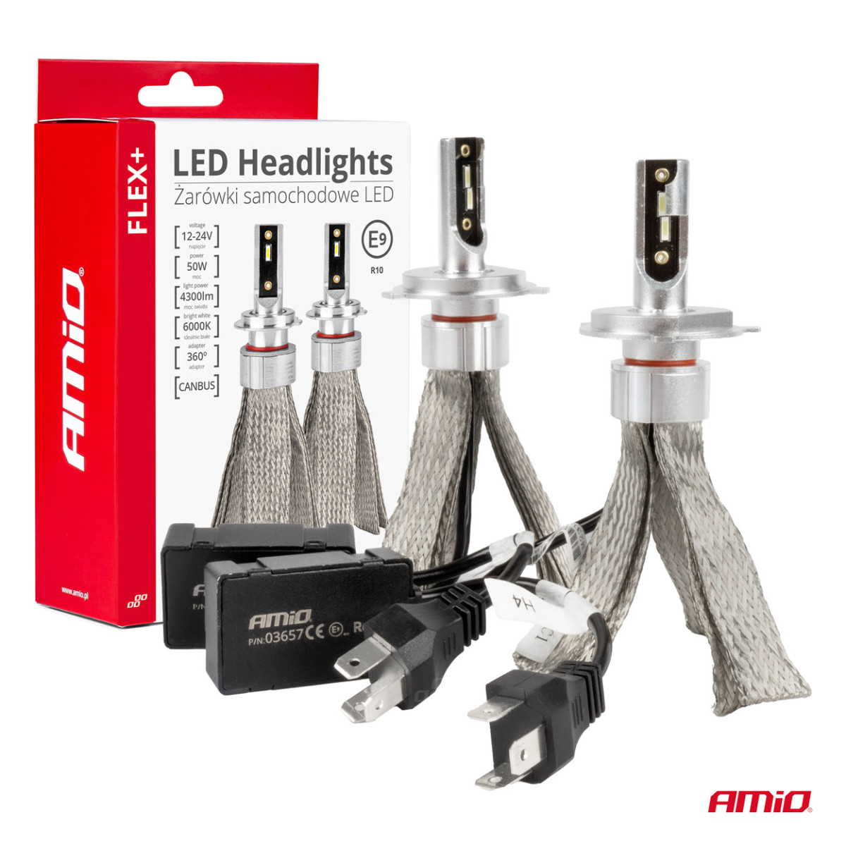 LED priekšējo lukturu spuldzes FLEX+ sērija H4/H19 canbus 6000K 12-24V AMIO-03657