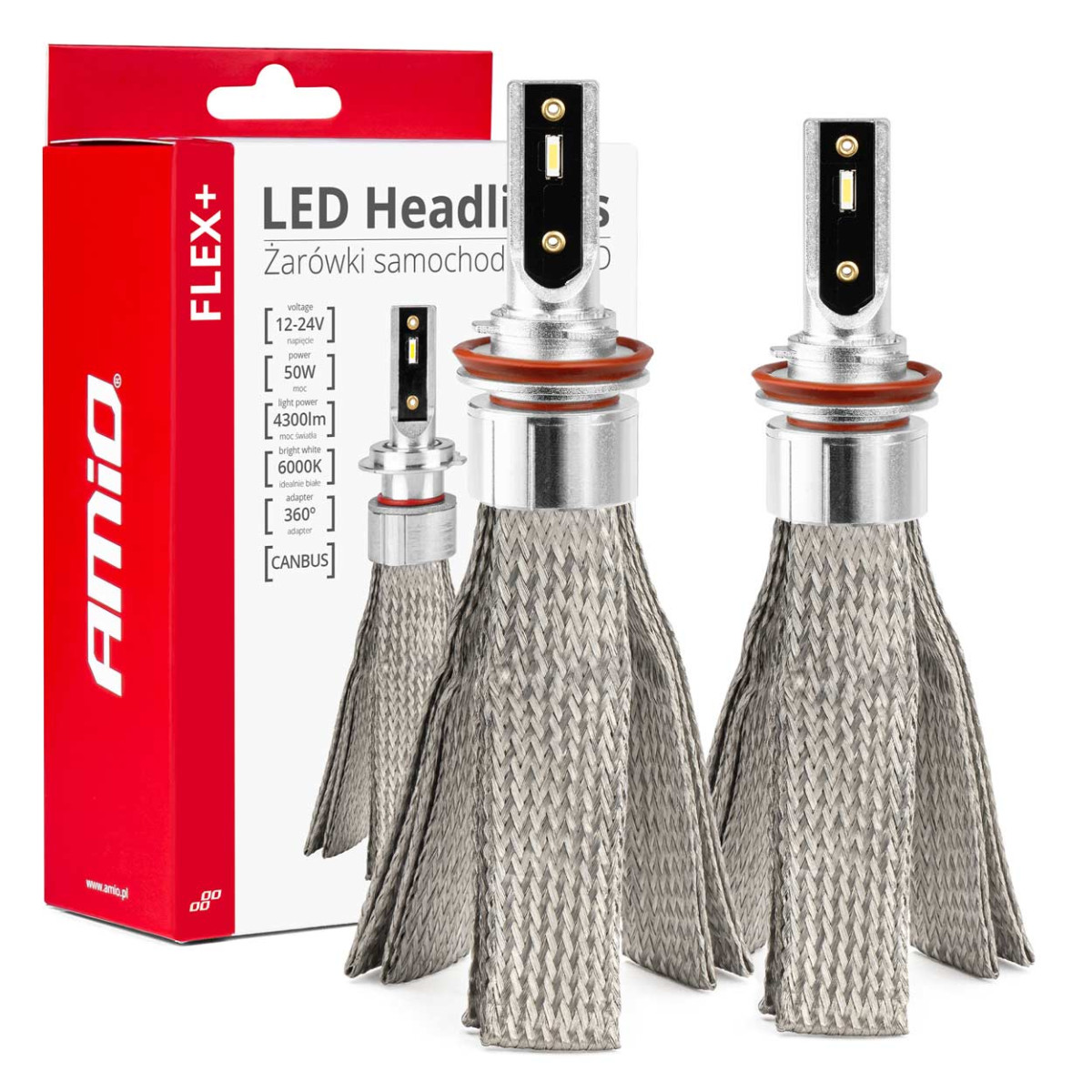 LED priekšējo lukturu spuldzes FLEX+ sērija H8 H9 H11 H16 Canbus 6000K 12-24V AMIO-03663