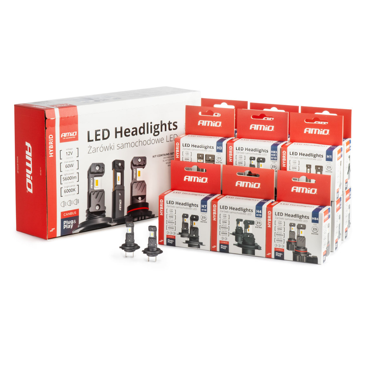LED priekšējo lukturu spuldžu komplekts 16 gab., Hybrid series H1 H3 H4 H7 HB3 HB4 6000K Canbus, AMIO-04120