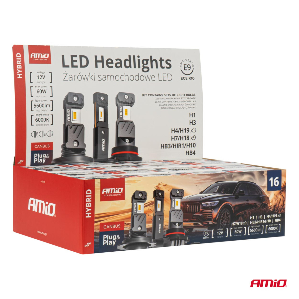 LED priekšējo lukturu spuldžu komplekts 16 gab., Hybrid series H1 H3 H4 H7 HB3 HB4 6000K Canbus, AMIO-04120