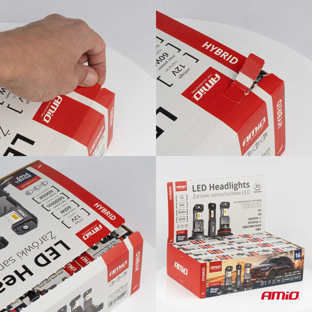 LED priekšējo lukturu spuldžu komplekts 16 gab., Hybrid series H1 H3 H4 H7 HB3 HB4 6000K Canbus, AMIO-04120