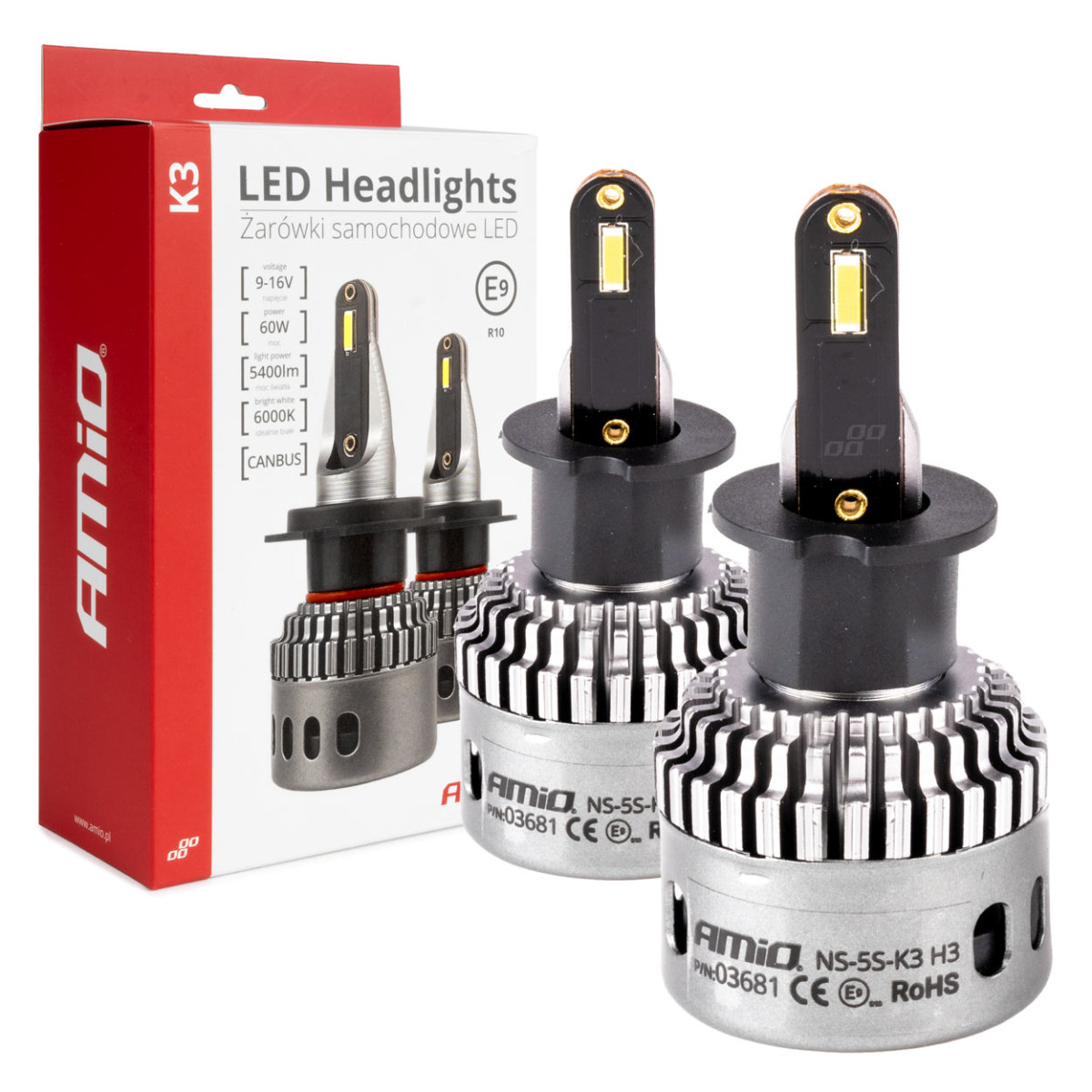 LED priekšējo lukturu spuldzes K3 sērijas H3 12V 6000K Canbus AMIO-03681