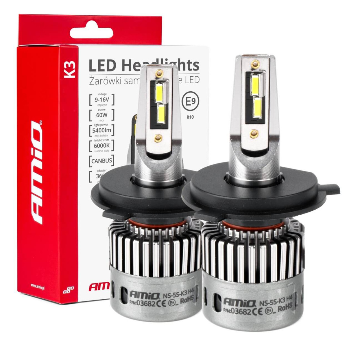 LED priekšējo lukturu spuldzes K3 sērija H4/H19 12V 6000K Canbus AMIO-03682