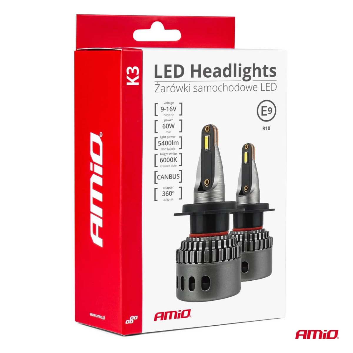 LED priekšējo lukturu spuldzes K3 sērija H4/H19 12V 6000K Canbus AMIO-03682