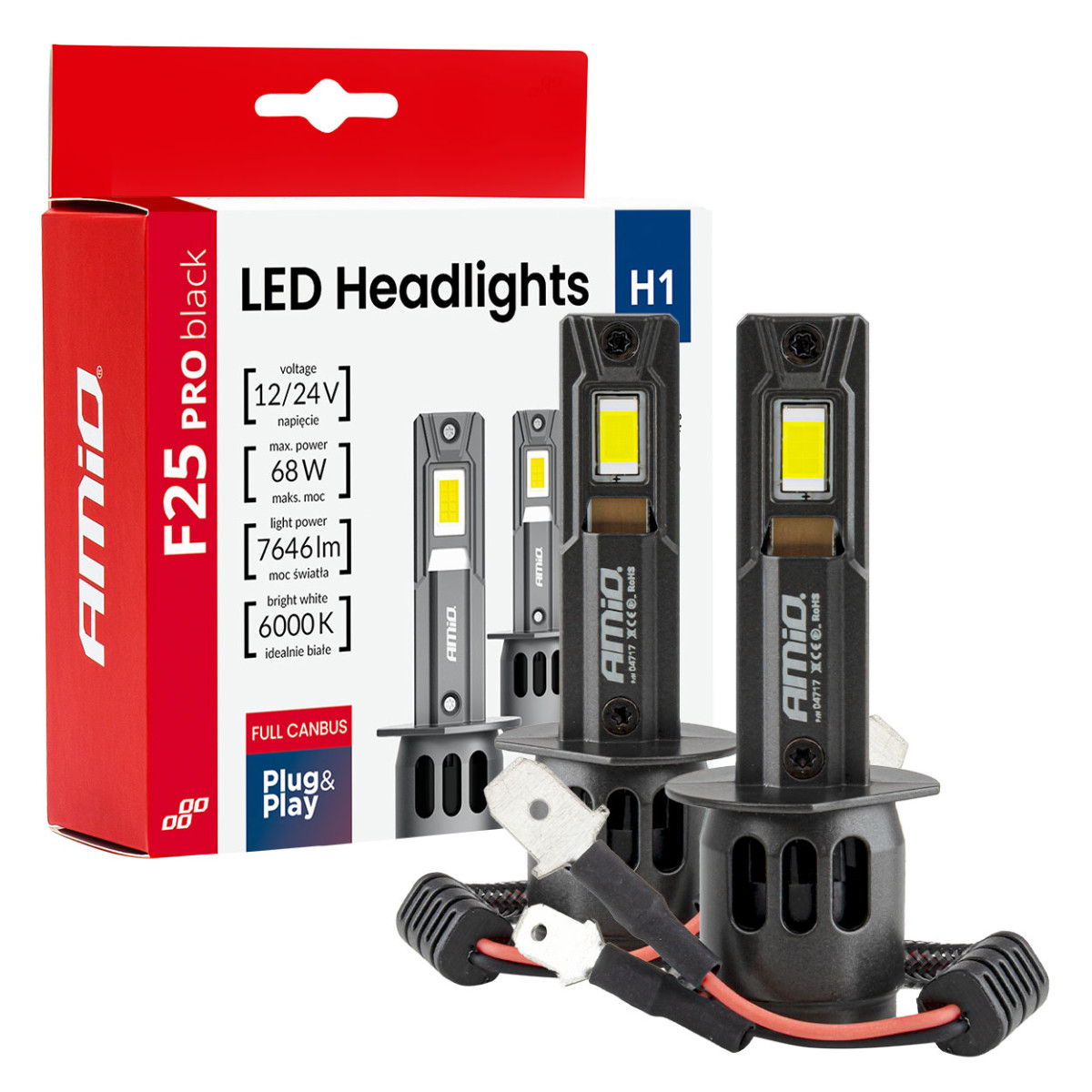LED priekšējo lukturu spuldzes sērija F25 PRO BLACK FULL CANBUS H1 68W 12V 24V AMIO-04717
