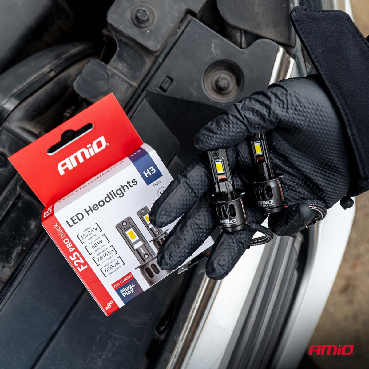 LED priekšējo lukturu spuldzes sērija F25 PRO MELNAS FULL CANBUS H3 68W 12V 24V, AMIO-04718