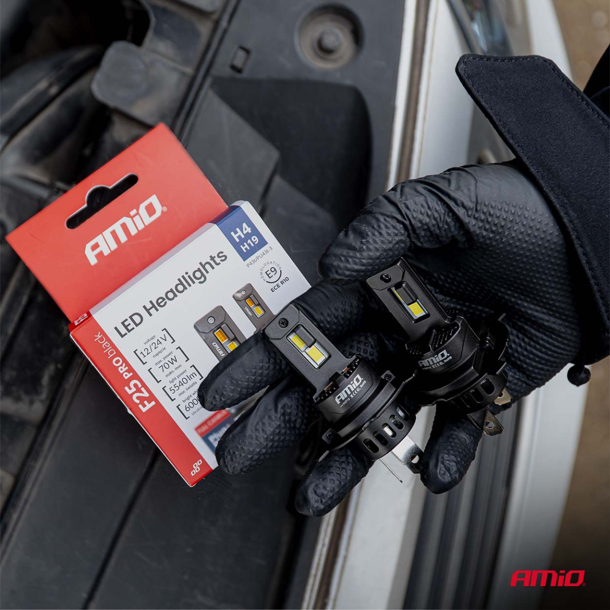 LED priekšējo lukturu spuldzes F25 PRO BLACK FULL CANBUS H4 H19 70W 12V 24V AMIO-04719