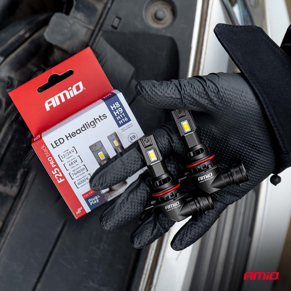 LED priekšējo lukturu spuldzes F25 PRO BLACK FULL CANBUS H8 H9 H11 H16 68W 12V 24V AMIO-04721
