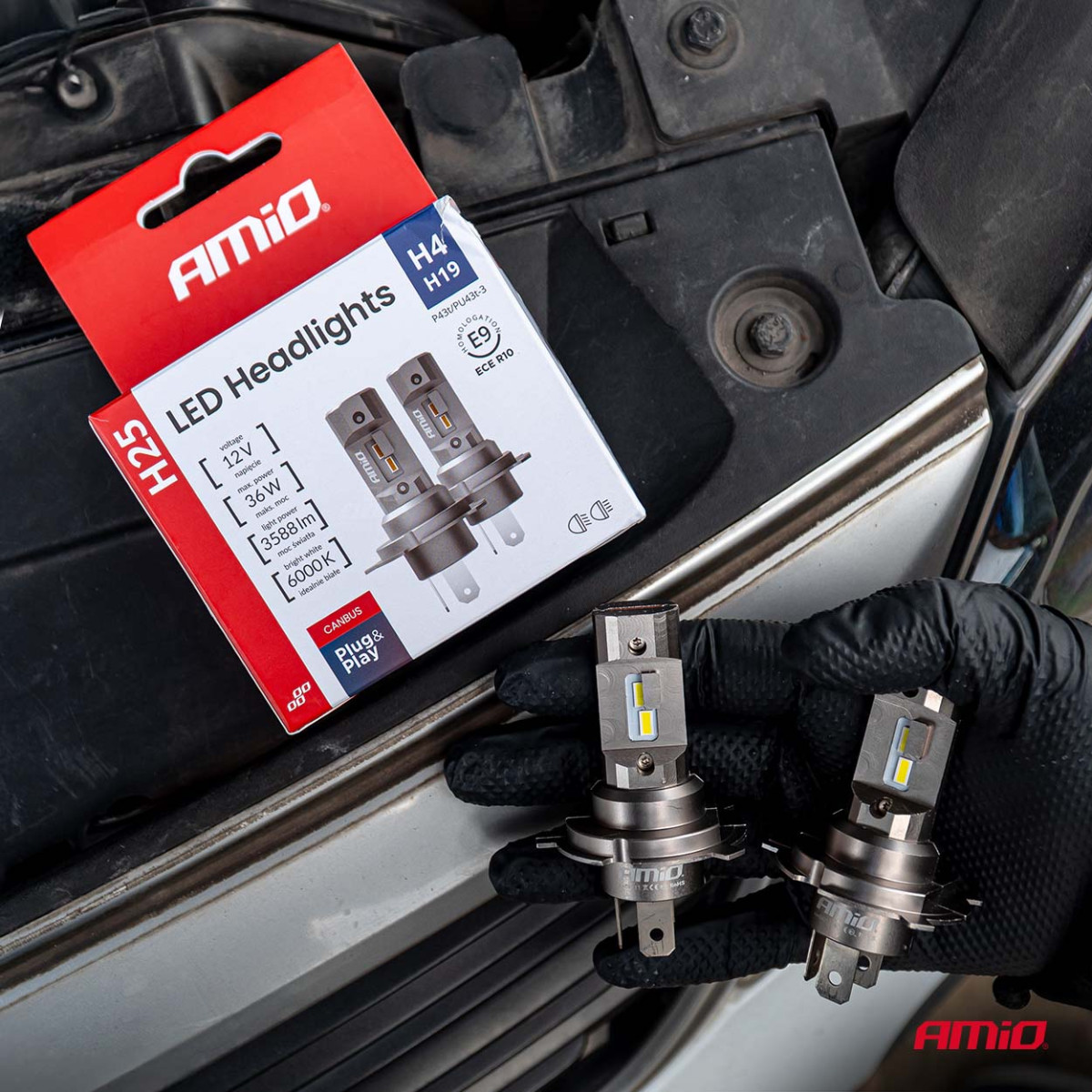 LED priekšējo lukturu spuldzes H25 CANBUS H4 H19 12V 36W, AMIO-04711