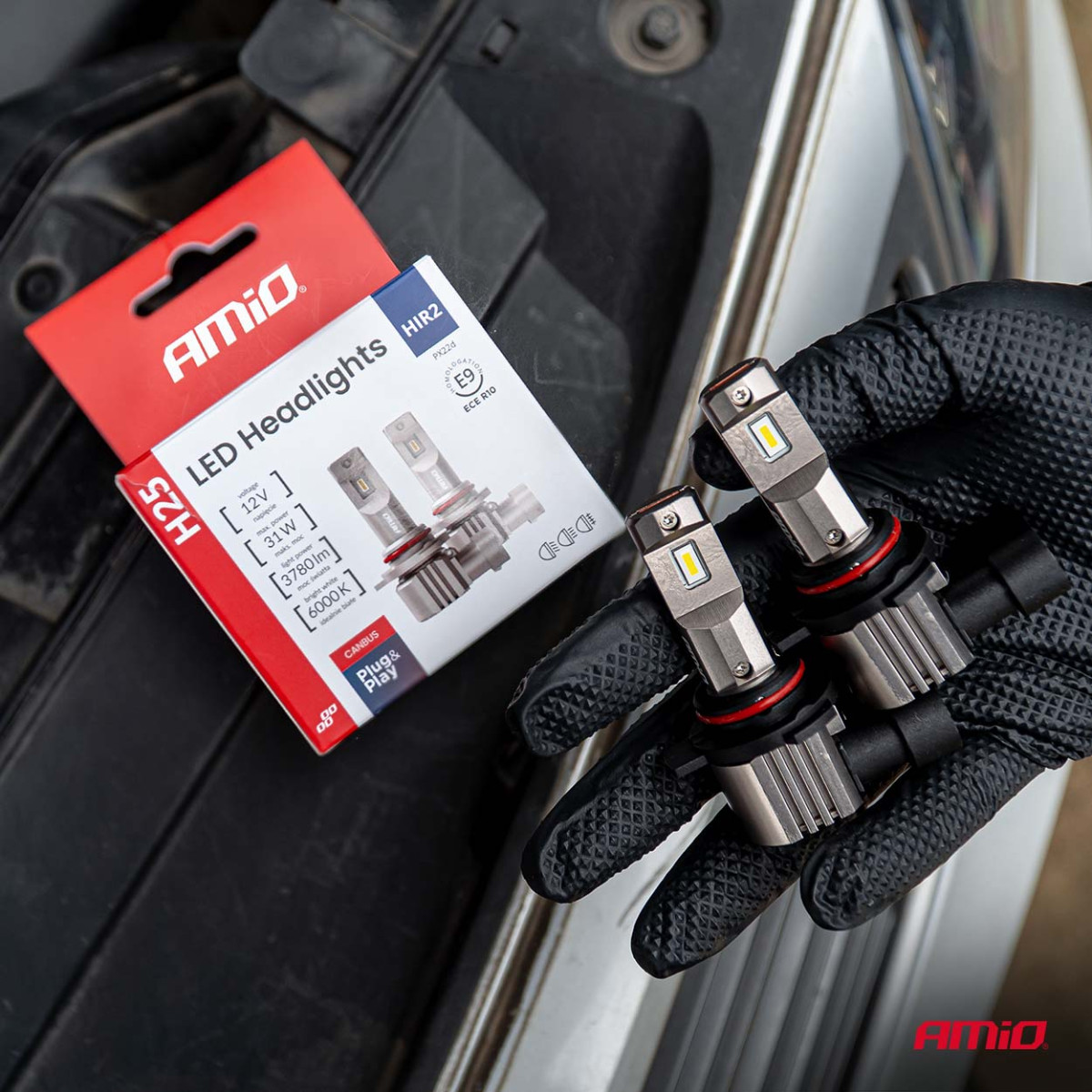 LED priekšējo lukturu spuldzes sērija H25 CANBUS HIR2 9012 12V 31W, AMIO-04716