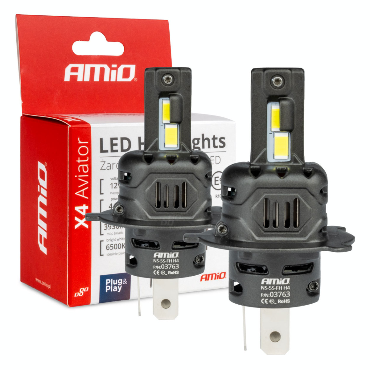 LED priekšējo lukturu spuldzes X4 sērijas AVIATOR H4/H19 6500K max 44W AMIO-03763