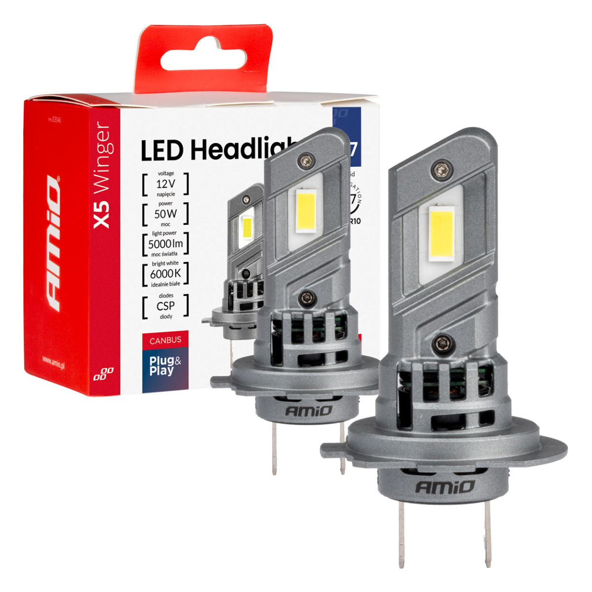 LED priekšējo lukturu spuldzes X5 sērijas WINGER H7 H18 6000K max 50W AMIO-03946