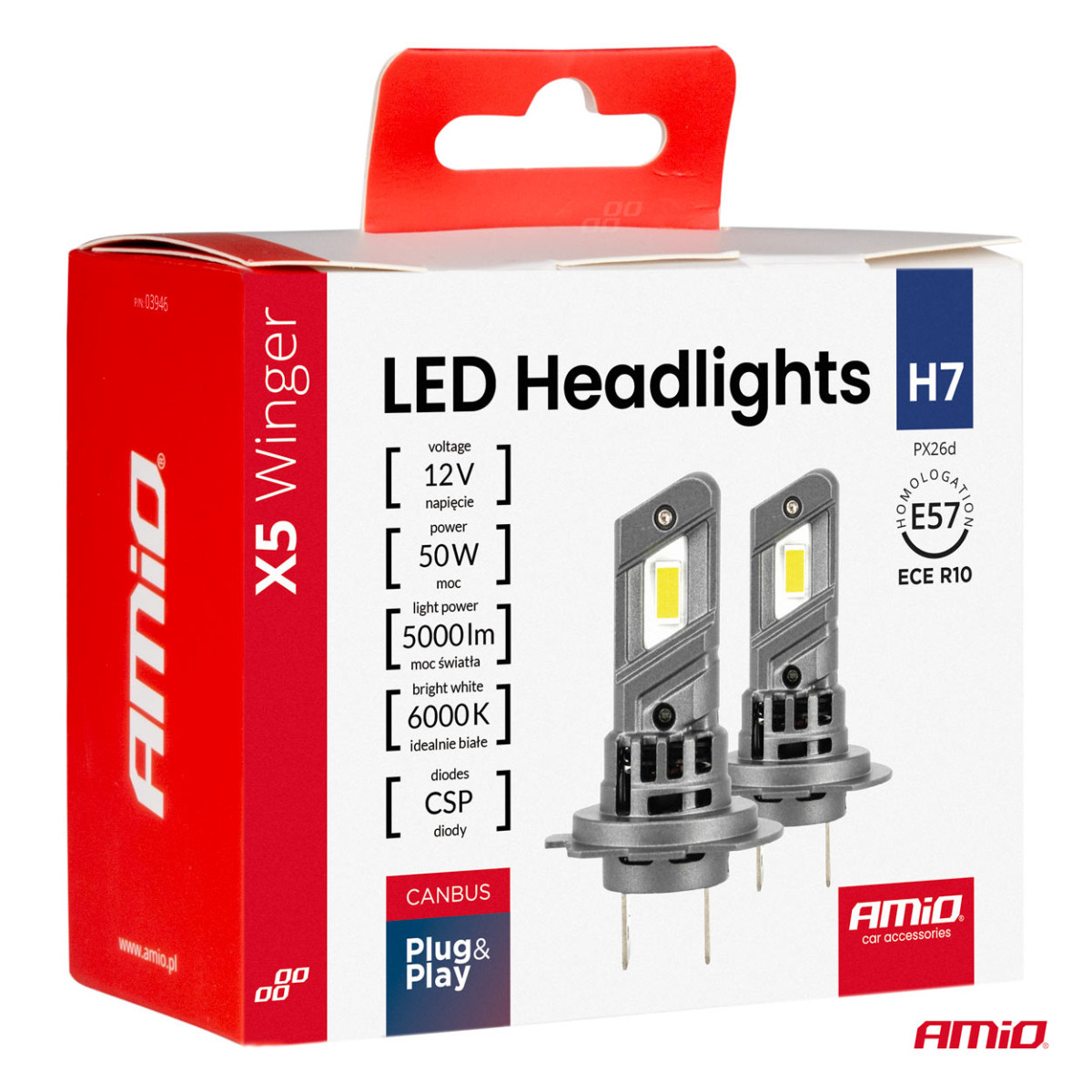 LED priekšējo lukturu spuldzes X5 sērijas WINGER H7 H18 6000K max 50W AMIO-03946