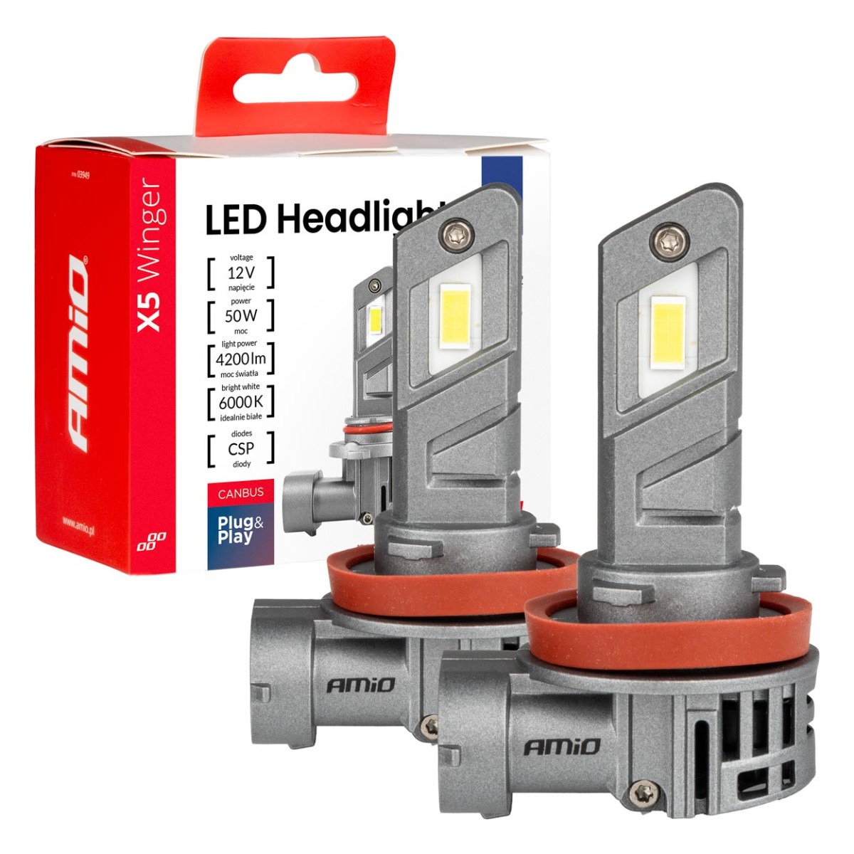 LED priekšējo lukturu spuldzes X5 sērijas WINGER H8 H9 H11 6000K max 50W AMIO-03947