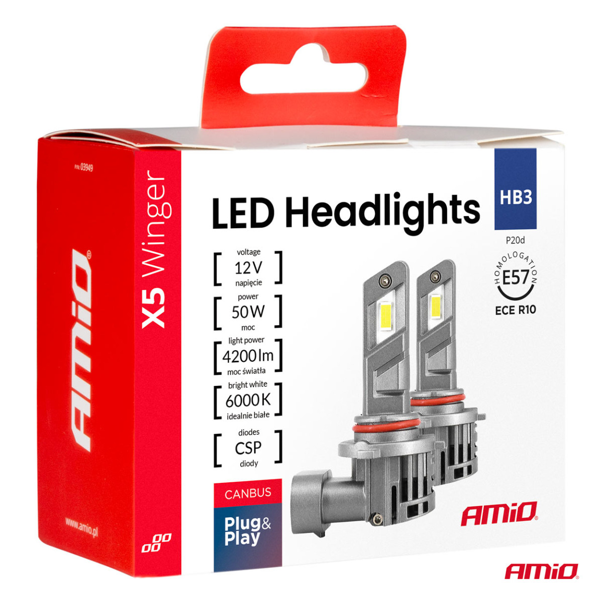 LED priekšējo lukturu spuldzes X5 sērijas WINGER H8 H9 H11 6000K max 50W AMIO-03947
