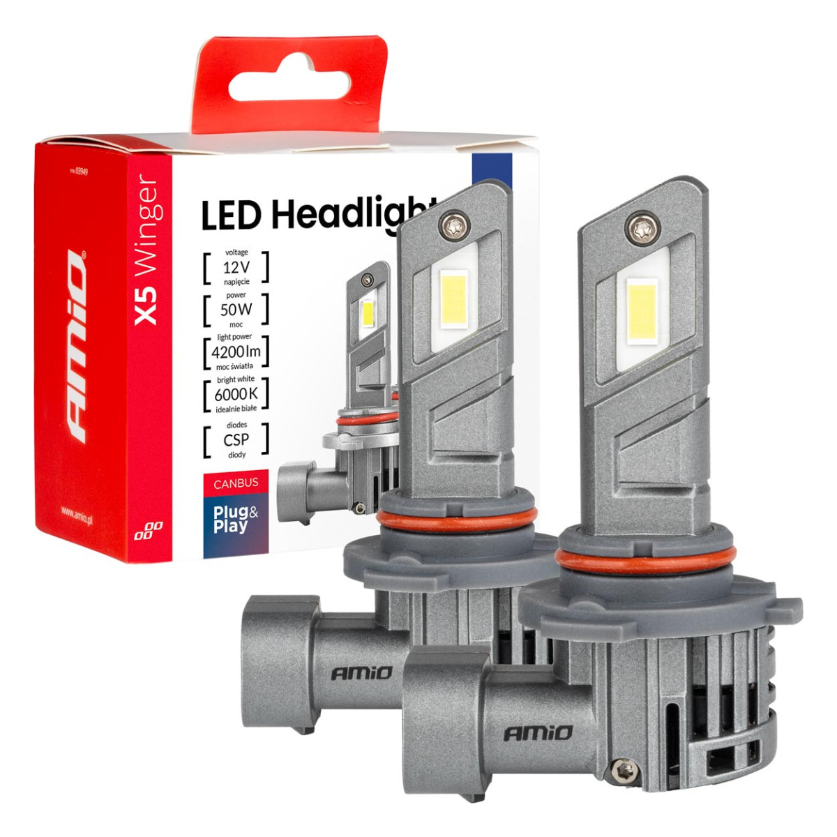 LED priekšējo lukturu spuldzes X5 sērijas WINGER HB3 6000K max 50W AMIO-03948