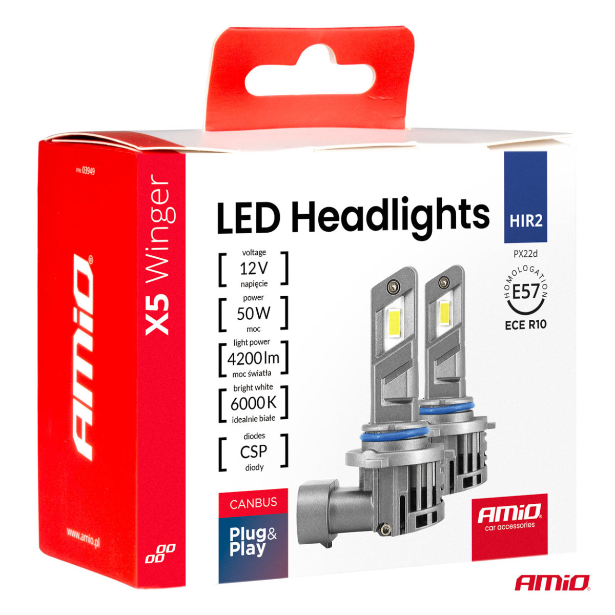 LED priekšējo lukturu spuldzes X5 WINGER HIR2 6000K max 50W AMIO-03950