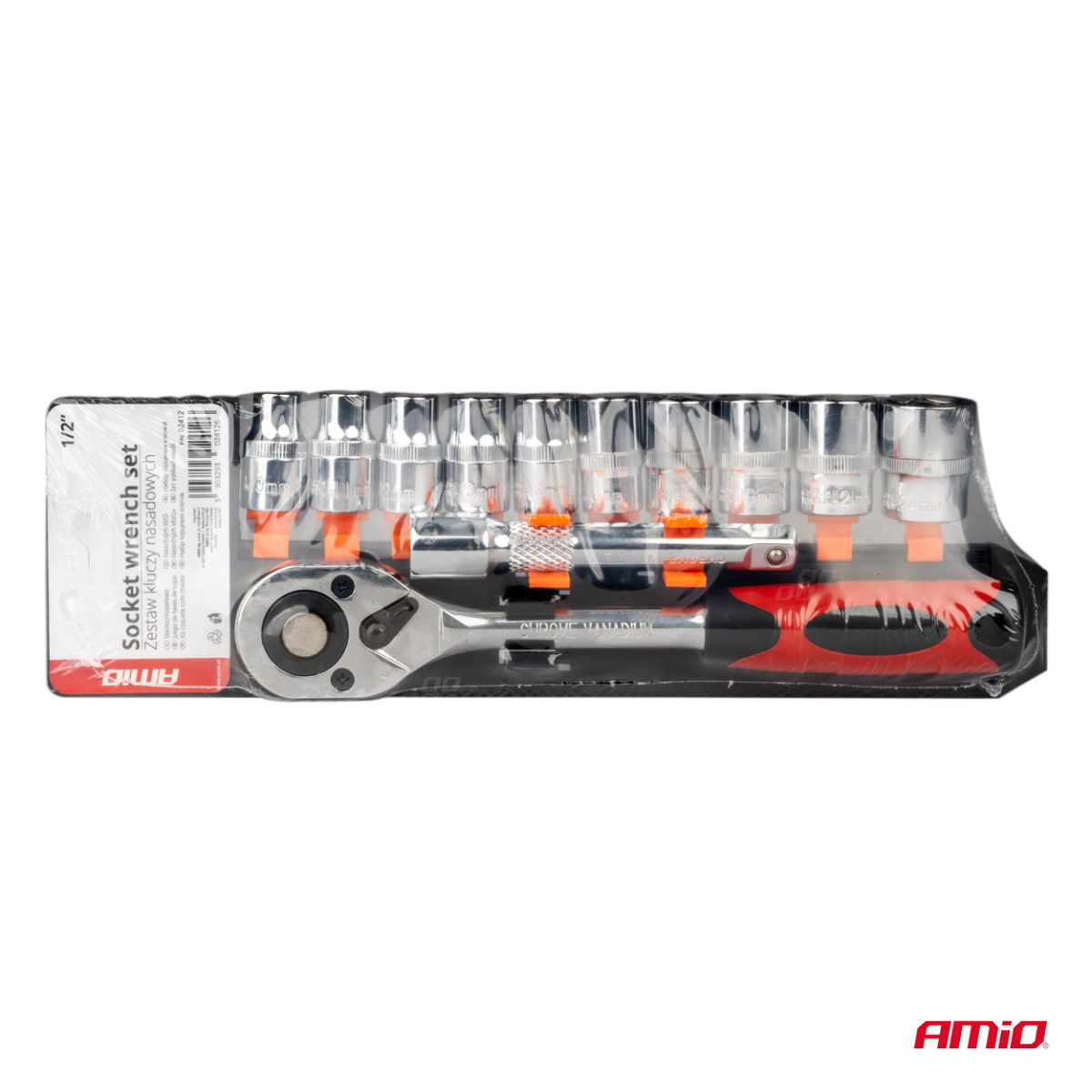 Sprūdrata atslēga ar uzgaļiem 1/2" (10–24 mm), 11 gab., AMIO-02412