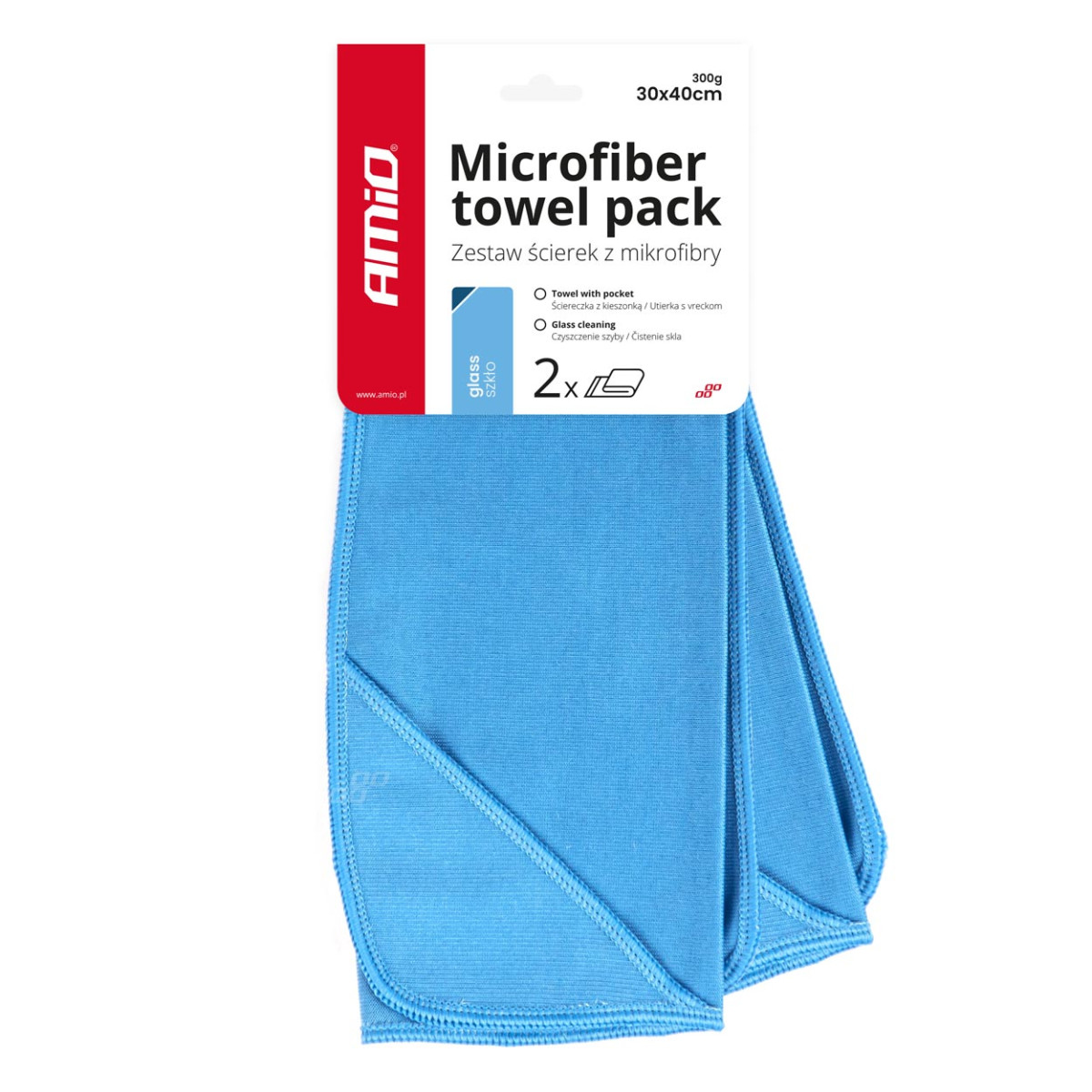 Mikrošķiedras stikla tīrīšanas lupatiņu komplekts 30x40 cm, 300 gsm, 2 gab. AMIO-03732