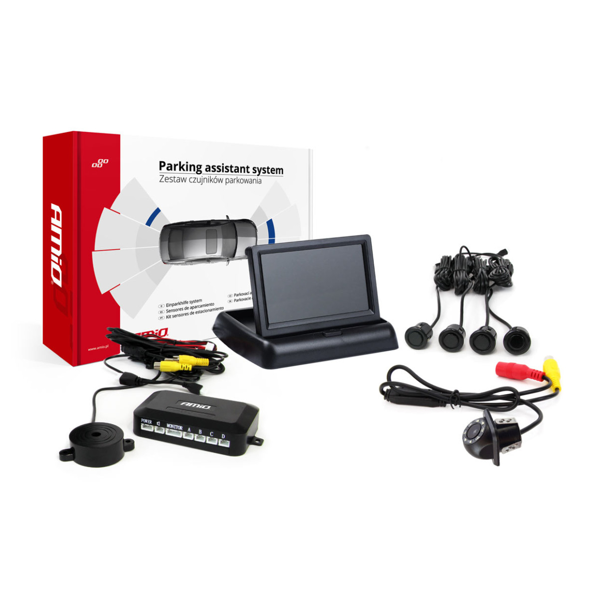 Parkošanās palīgsistēma 4.3 TFT02 ar FLIP-UP CAM-305 LED kameru, 4 melniem sensoriem GOLD 18 mm