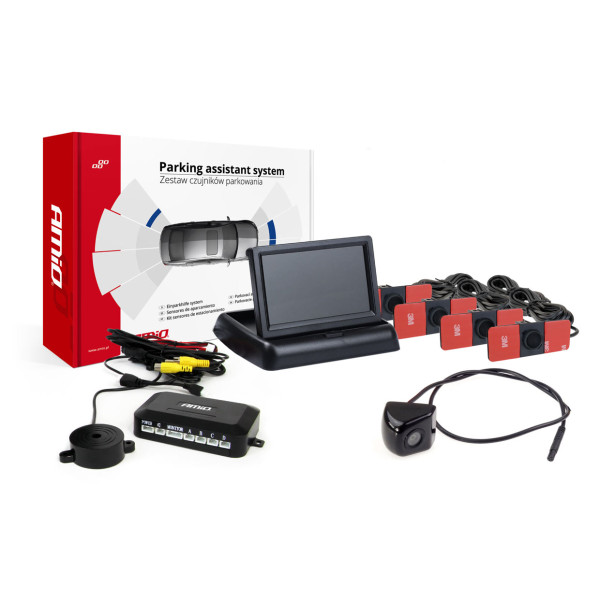 Parkošanās palīgsistēma 4.3 TFT02 ar FLIP-UP kameru CAM-310, 4 melni sensori, iekšējais stiprinājums 16,5 mm