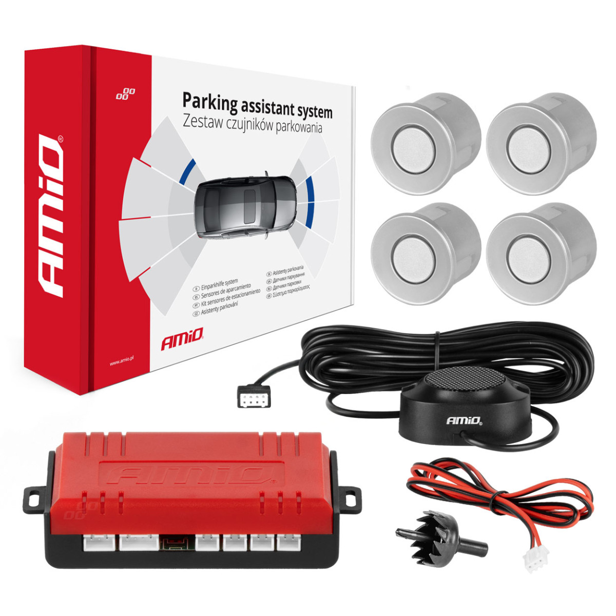 Parkošanās palīgsistēma ar skaņas signālu, 4 sudraba sensori 22 mm AMIO-01021