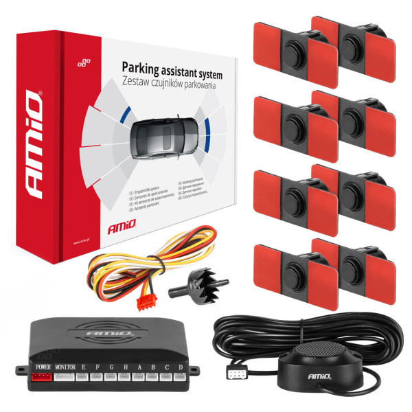 Parkošanās palīgsistēma ar skaņas signālu, 8 melni sensori, iekšējais stiprinājums 16,5 mm AMIO-02254