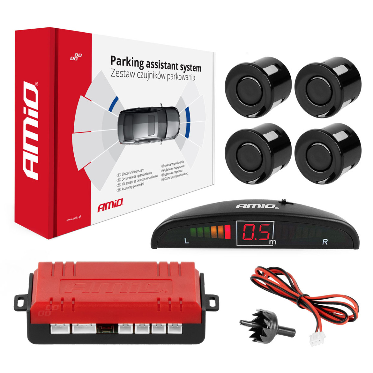 Parkošanās palīgsistēma LED, 4 melni sensori 22 mm AMIO-01565