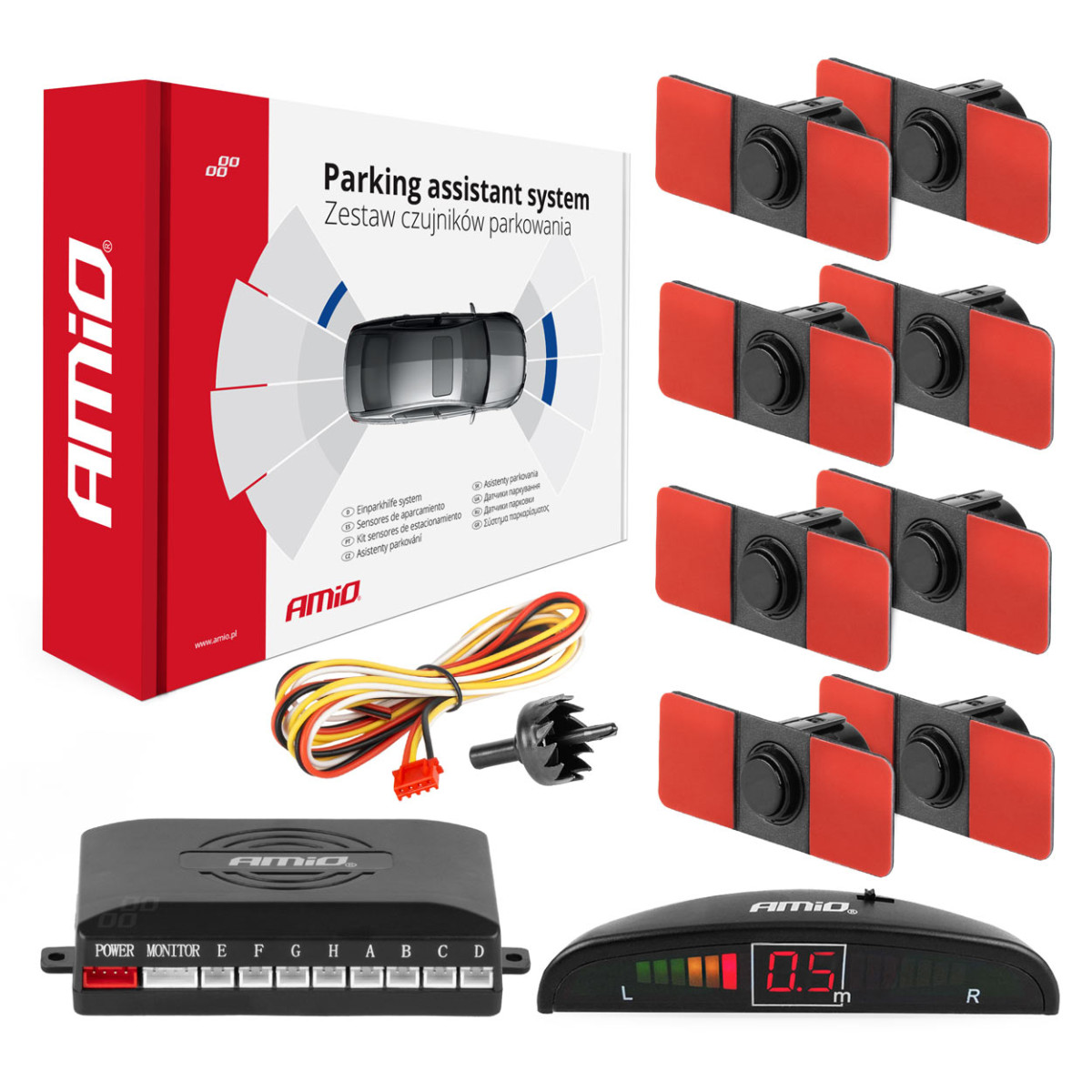 Parkošanās palīgsistēma LED, 8 melni sensori, iekšējais stiprinājums 16,5 mm AMIO-02256