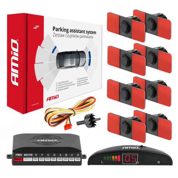 Parkošanās palīgsistēma LED, 8 melni sensori, iekšējais stiprinājums 16,5 mm AMIO-02256